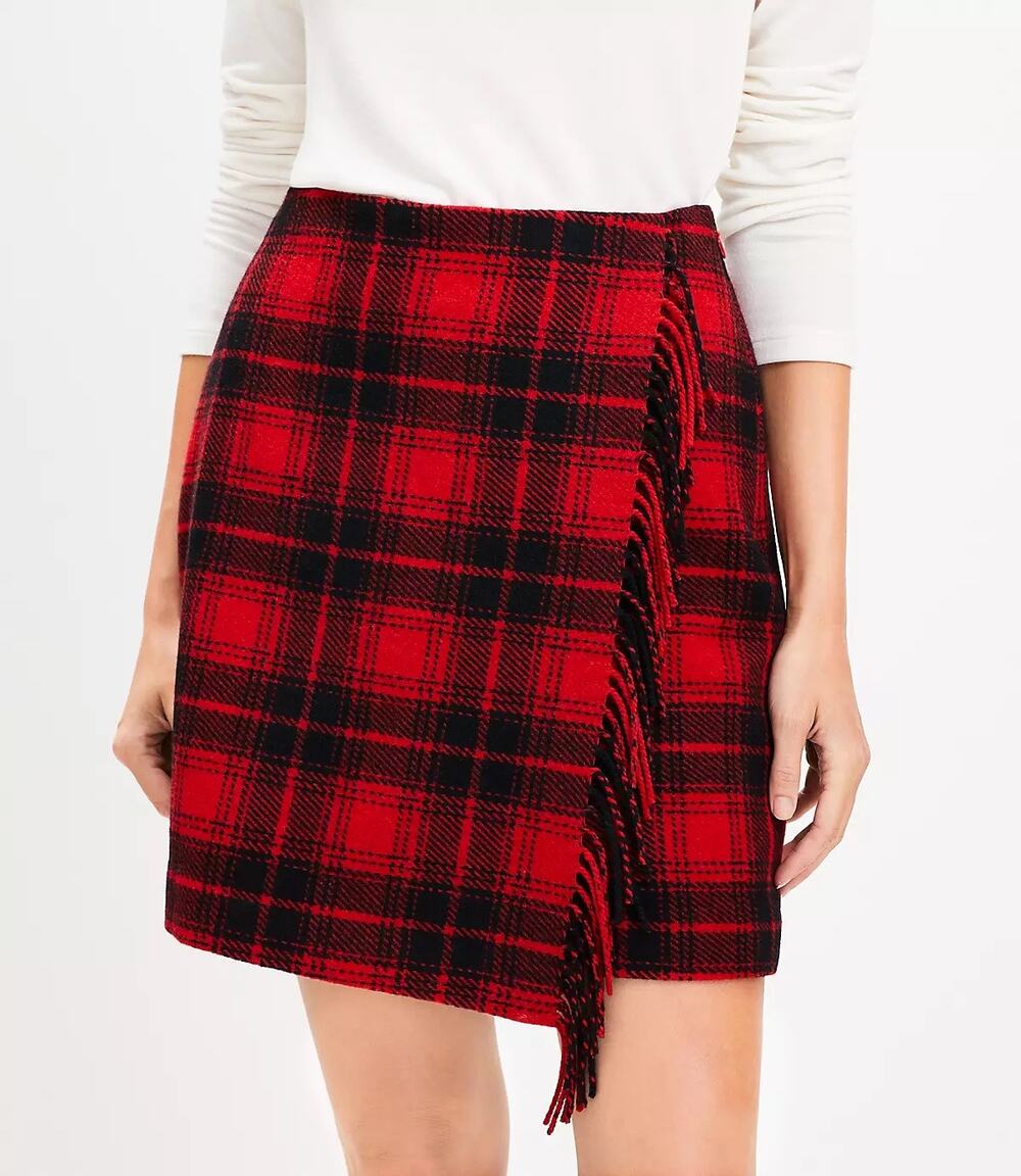 [LOFT] Red Black Tartan Plaid Wool Blend Fringe A-Line Wrap Mini Skirt Size 14